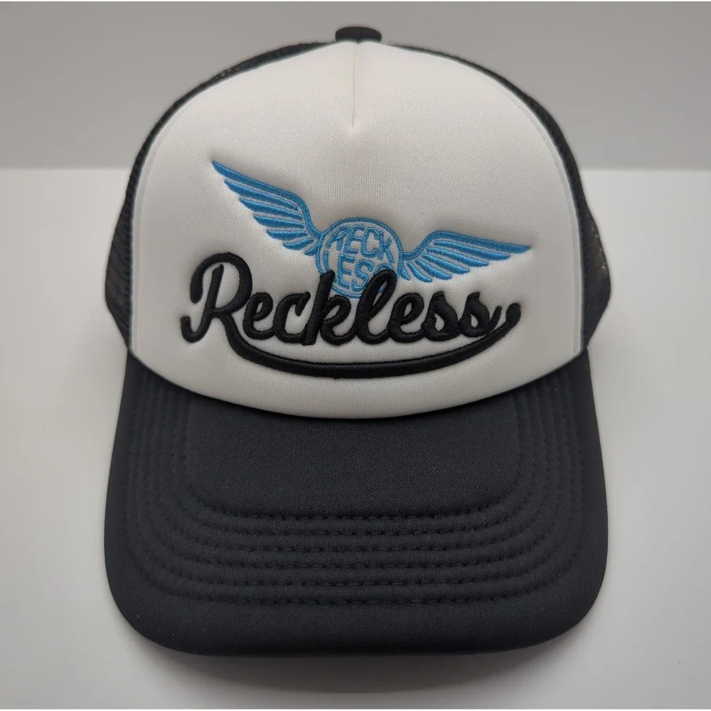 Young & Reckless Trucker Hat Black White Blue Winged Logo Snapback Mesh Cap